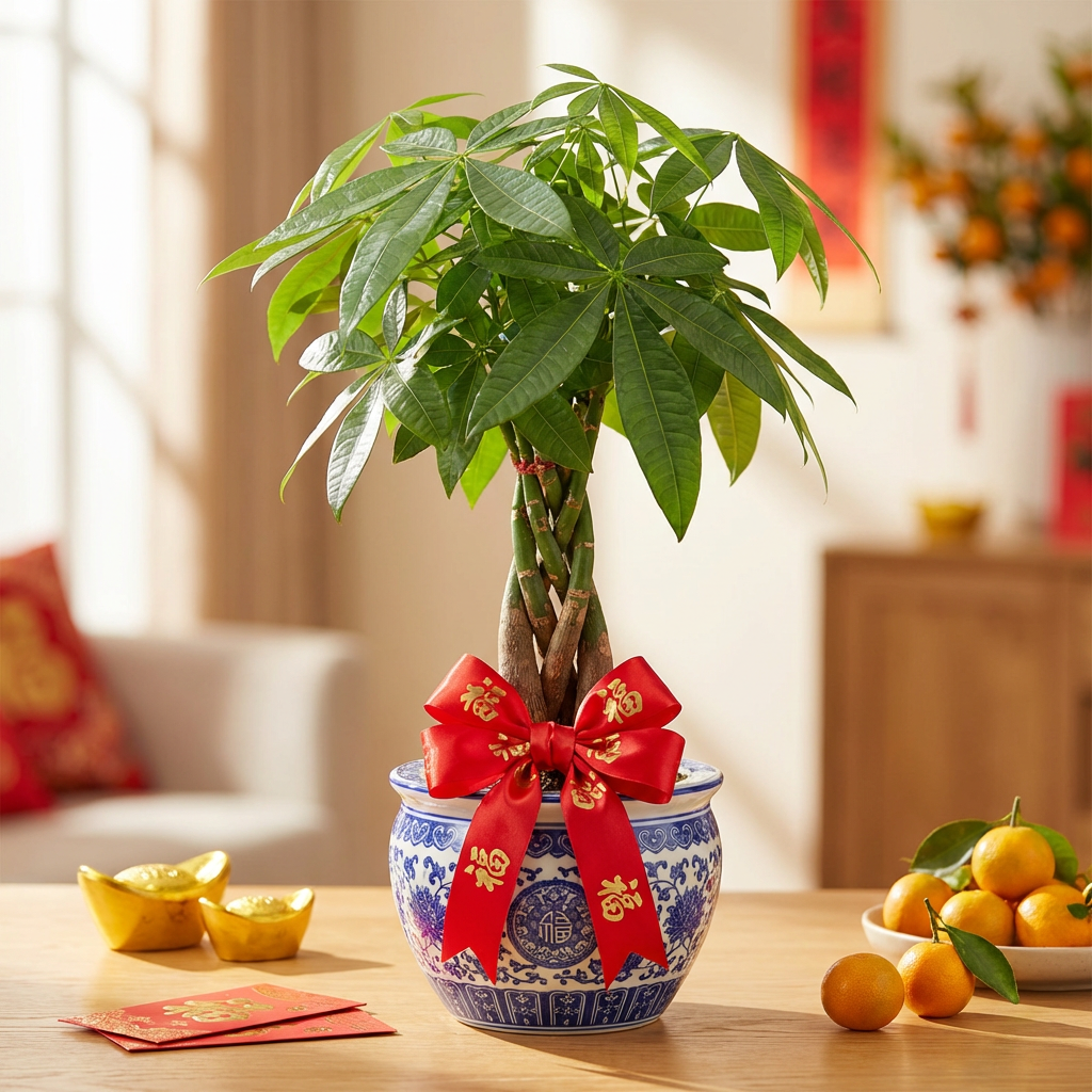 6_gemini Braided money tree in blue porcelain pot with lucky red bow, gold ingots, tangerines and red envelopes for Chinese New Year | Sky Rye Design Braided money tree in blue porcelain pot with lucky red bow, gold ingots, tangerines and red envelopes for Chinese New Year