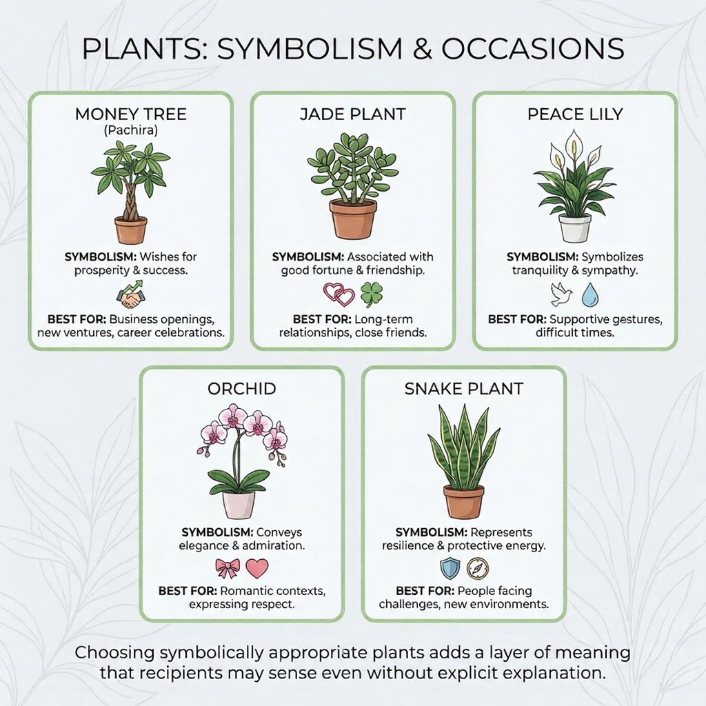 unnamed - 2026-02-23T022603970 Infographic of plant symbolism: Money Tree, Jade Plant, Peace Lily, Orchid, Snake Plant with meanings and gifting occasions. | Sky Rye Design Infographic of plant symbolism: Money Tree, Jade Plant, Peace Lily, Orchid, Snake Plant with meanings and gifting occasions.