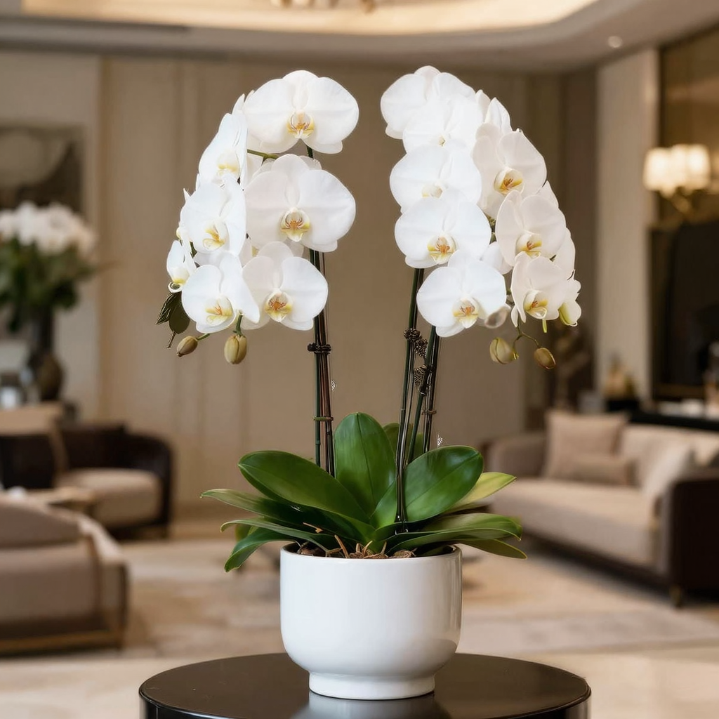 7_Qubico_z-image White Phalaenopsis orchids in white ceramic pot on coffee table in modern living room, elegant home decor | Sky Rye Design White Phalaenopsis orchids in white ceramic pot on coffee table in modern living room, elegant home decor