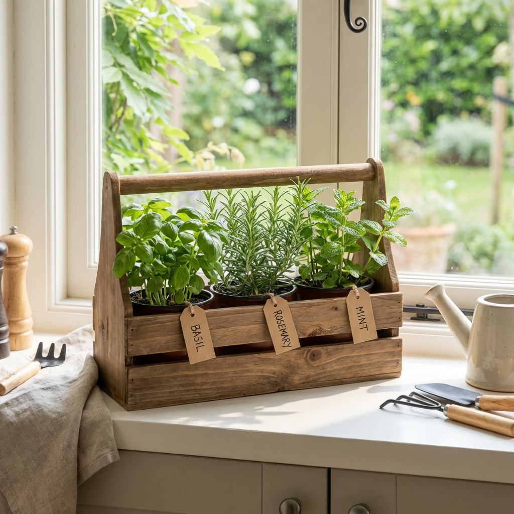 plant 23 Kitchen windowsill herb garden in wooden crate with potted basil, rosemary and mint, watering can and tools | Sky Rye Design Kitchen windowsill herb garden in wooden crate with potted basil, rosemary and mint, watering can and tools