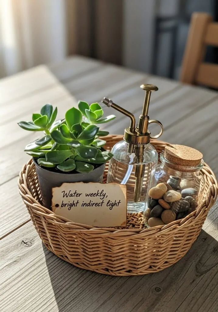 Plant Gifting 2 Potted succulent care kit in wicker basket with glass mister, pebble jar and Water weekly, bright indirect light tag | Sky Rye Design Potted succulent care kit in wicker basket with glass mister, pebble jar and Water weekly, bright indirect light tag