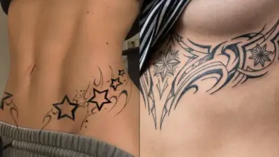 Black star and tribal swirl tattoos on lower back and ribcage, close-up of torso showing detailed ink linework