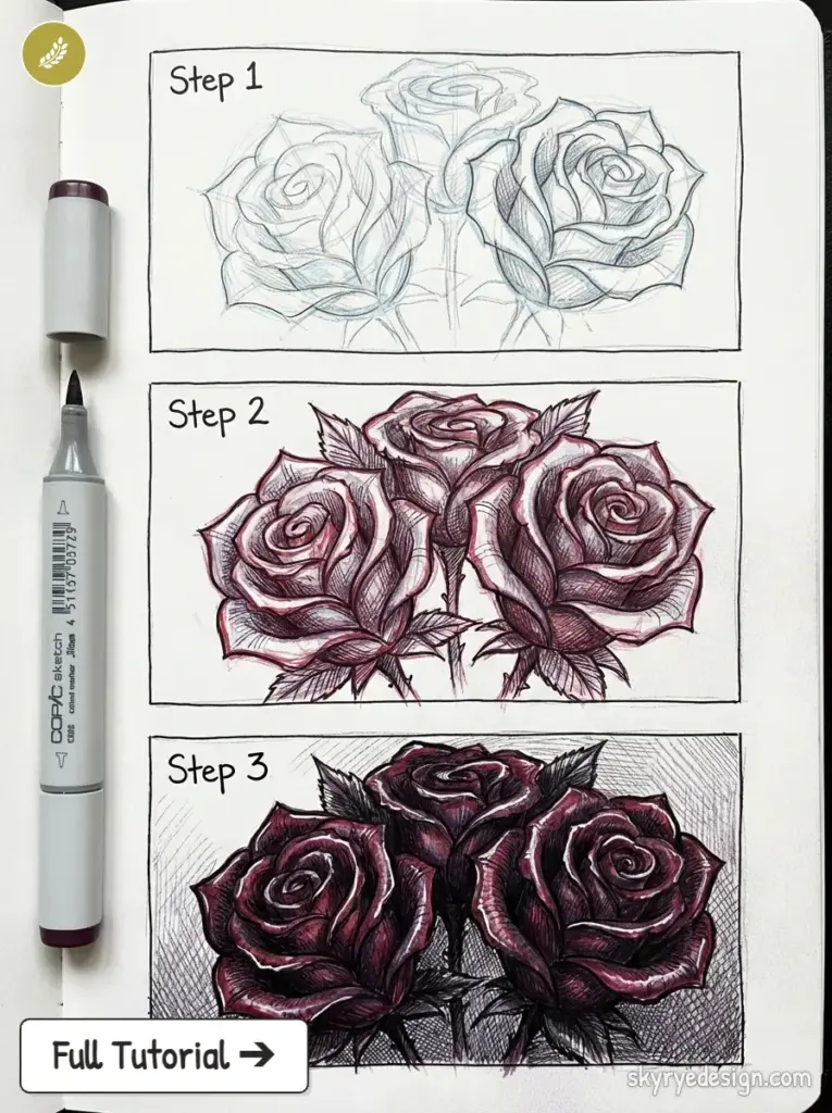 Rose drawing tutorial: step-by-step stages from pencil sketch to shaded marker illustration of three realistic roses