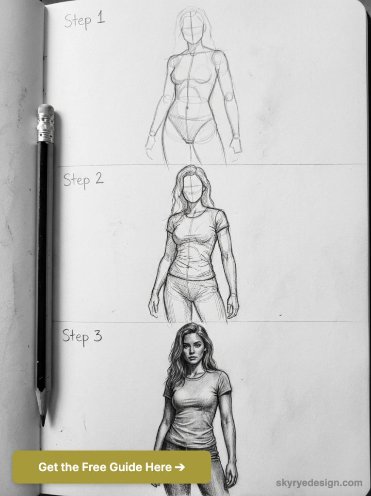 Pencil sketchbook showing three-step female figure drawing tutorial progression with pencil and CTA