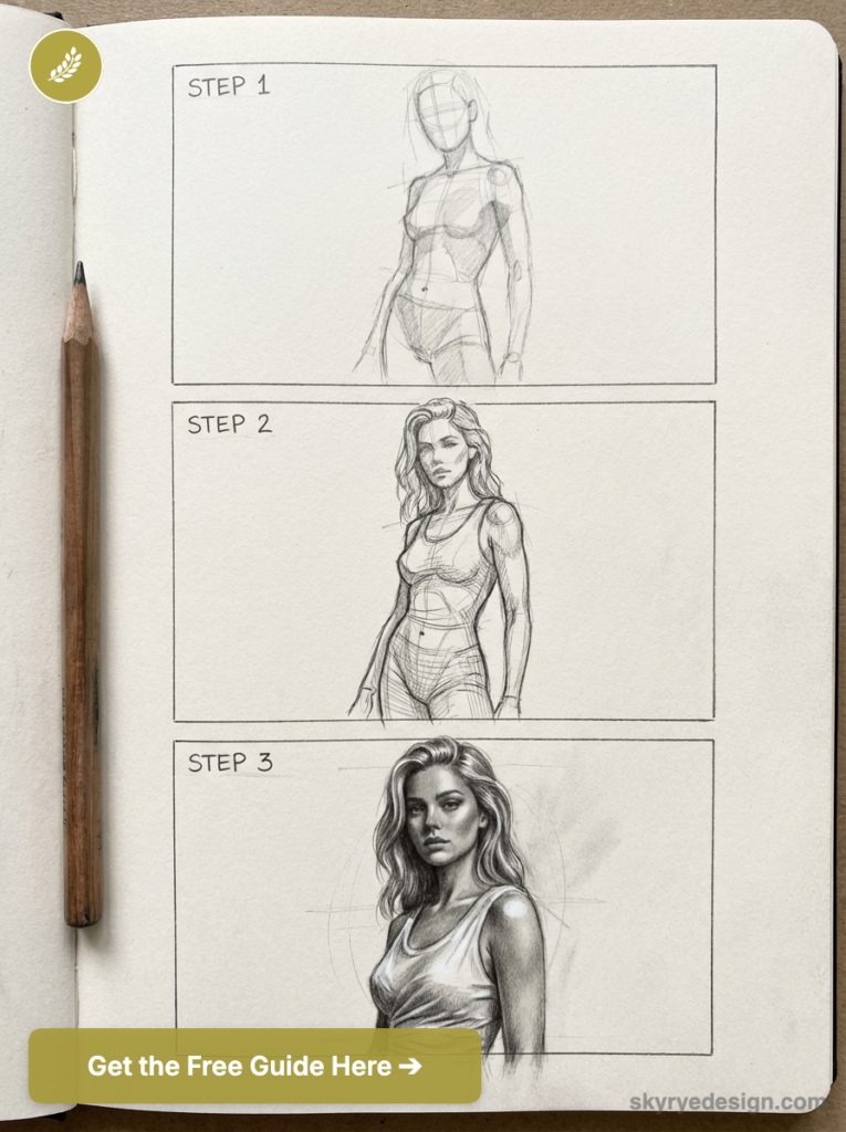 Step-by-step pencil sketch tutorial showing three-stage female figure drawing progression in an open sketchbook with pencil.