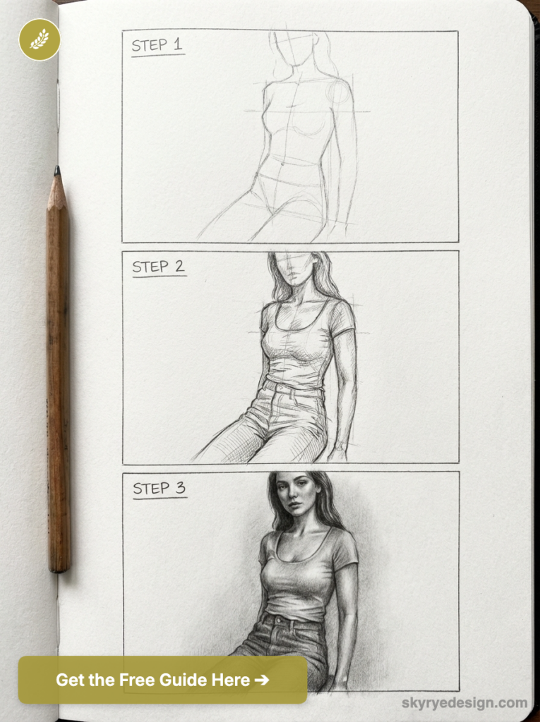 Three-step pencil drawing tutorial of a seated female figure in a sketchbook, showing construction to detailed rendering.