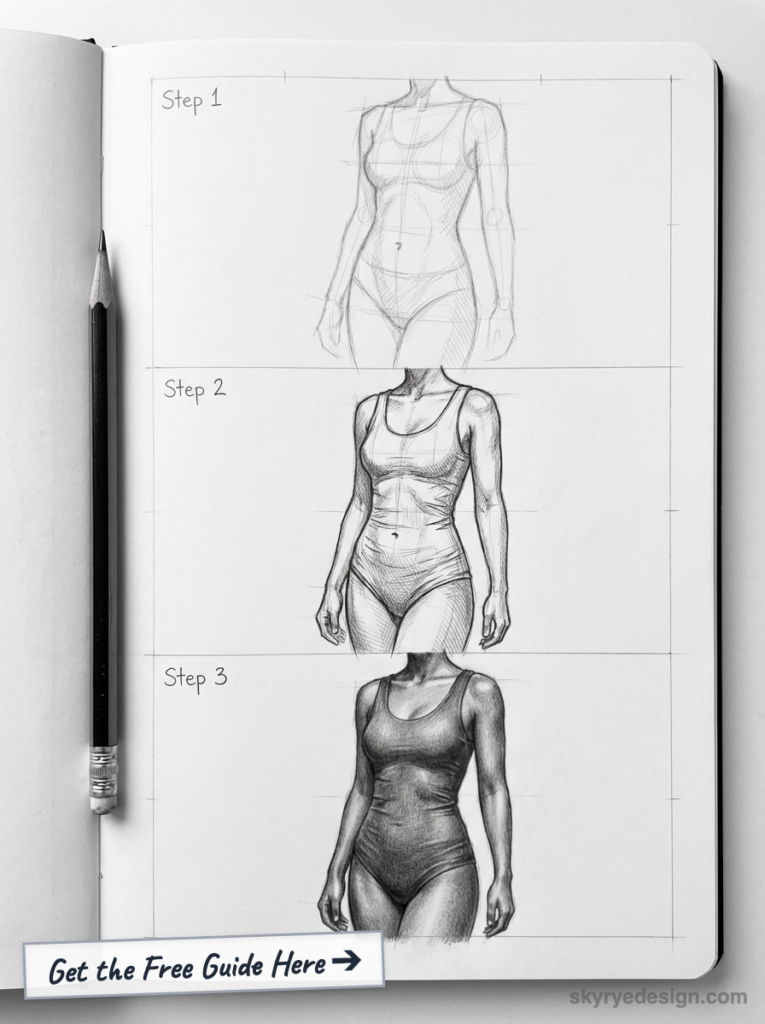 Three-step pencil sketch tutorial of a female torso in a tank-style swimsuit, from rough outline to shaded realism