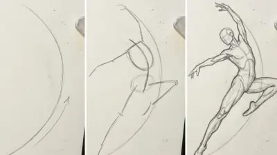 Figure drawing progression: pencil sketches from gesture line to detailed leaping dancer on curved motion path