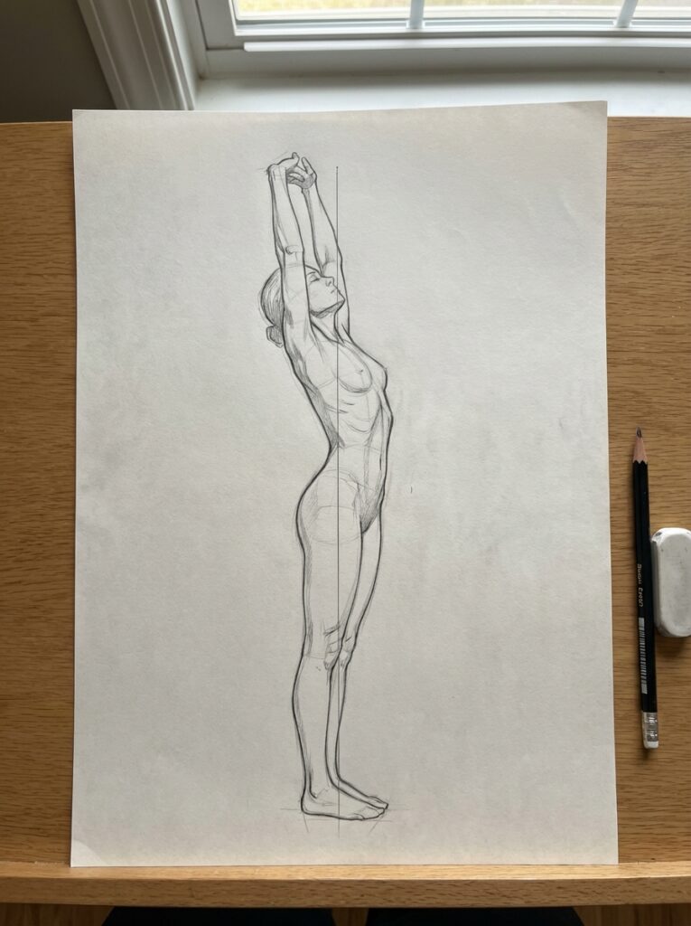 a0dabc59-edb4-450d-8a7b-458a6d50b77d Side view pencil figure drawing of a standing female stretching arms overhead, anatomy study with pencil and eraser on table. | Sky Rye Design Side view pencil figure drawing of a standing female stretching arms overhead, anatomy study with pencil and eraser on table.