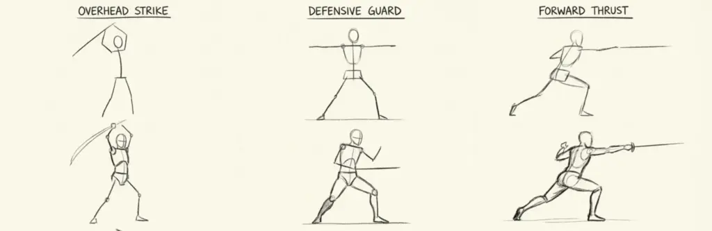 Screenshot 2026-03-06 at 183154 Hand-drawn sword stance sketches: Overhead Strike, Defensive Guard, Forward Thrust in stick-figure and refined poses | Sky Rye Design Hand-drawn sword stance sketches: Overhead Strike, Defensive Guard, Forward Thrust in stick-figure and refined poses