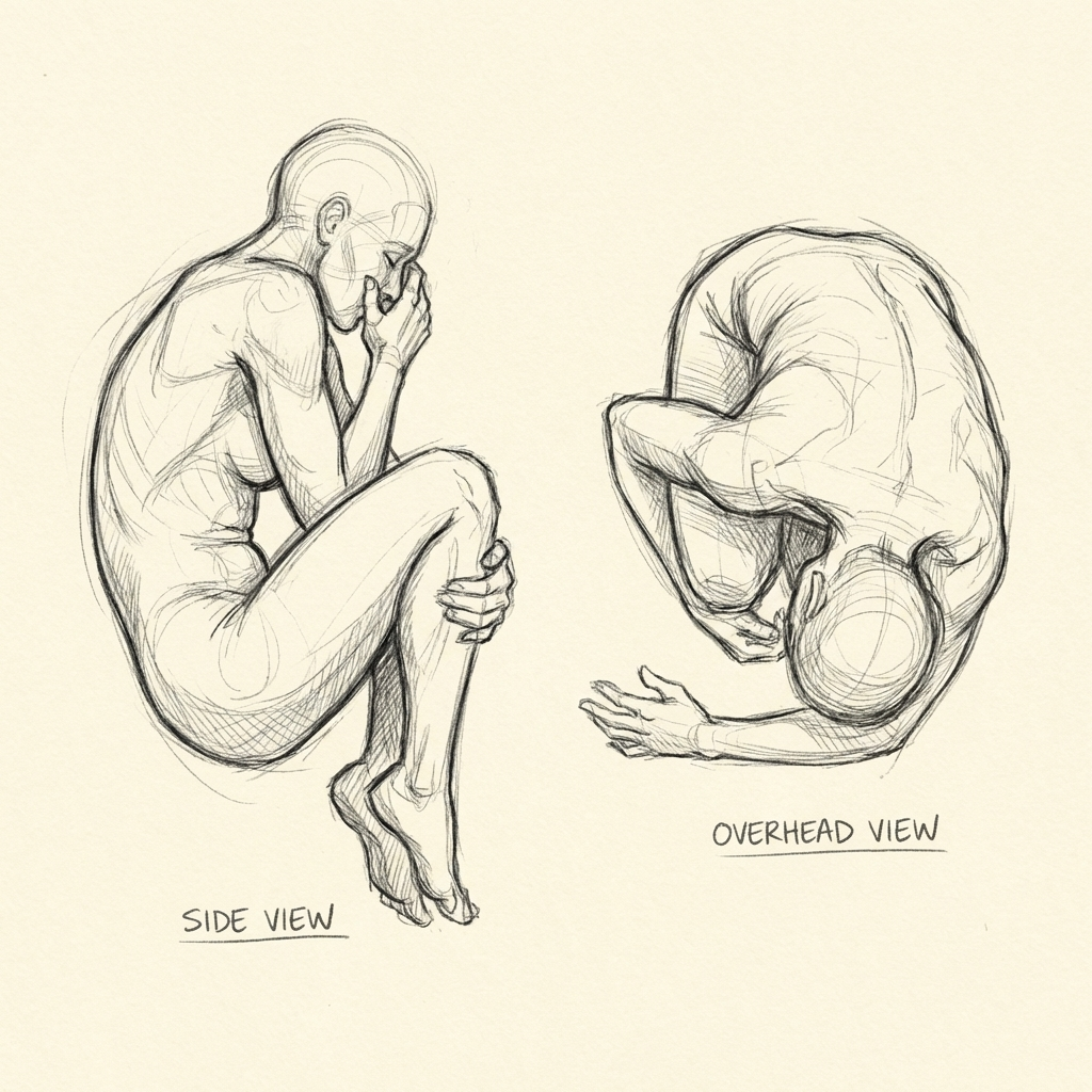 image Figure drawing study: pencil sketch of nude model in curled fetal pose, side & overhead views labeled, anatomy reference. | Sky Rye Design Figure drawing study: pencil sketch of nude model in curled fetal pose, side & overhead views labeled, anatomy reference.