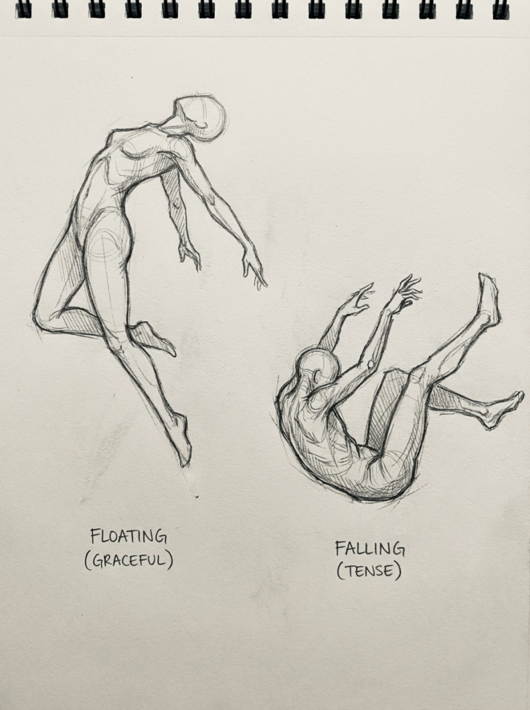 image Pencil gesture sketches in a spiral sketchbook: left 'Floating (Graceful)' pose, right 'Falling (Tense)' pose. | Sky Rye Design Pencil gesture sketches in a spiral sketchbook: left 'Floating (Graceful)' pose, right 'Falling (Tense)' pose.