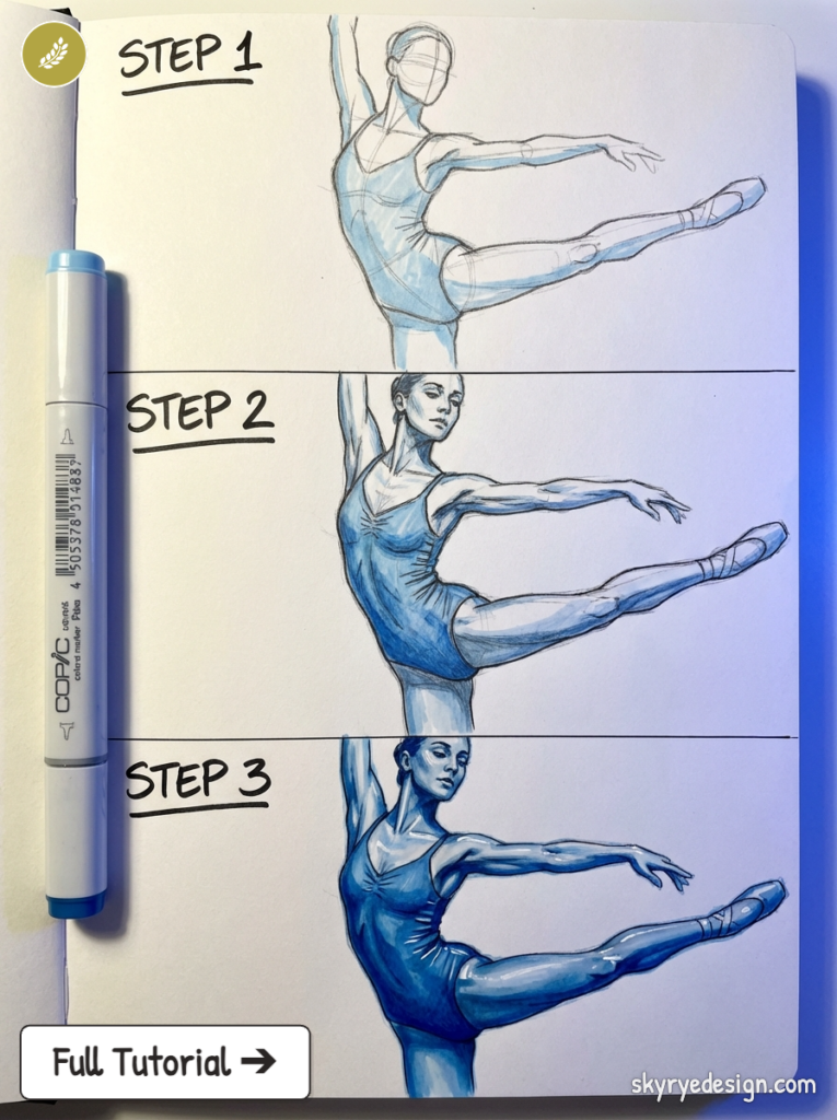 copic-tutorial-1772818452602 Ballet dancer drawing tutorial: three-step sketch-to-finished blue marker illustration with visible Copic marker | Sky Rye Design Ballet dancer drawing tutorial: three-step sketch-to-finished blue marker illustration with visible Copic marker