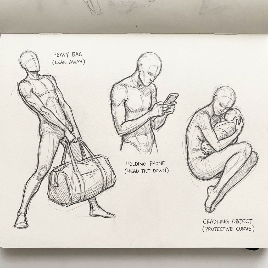 32f80db8-f5e8-4c4c-9535-688ef1d25fc5 Sketchbook figure drawing pose reference: three gesture sketches - lifting heavy bag, checking phone, protective cradling. | Sky Rye Design Sketchbook figure drawing pose reference: three gesture sketches - lifting heavy bag, checking phone, protective cradling.