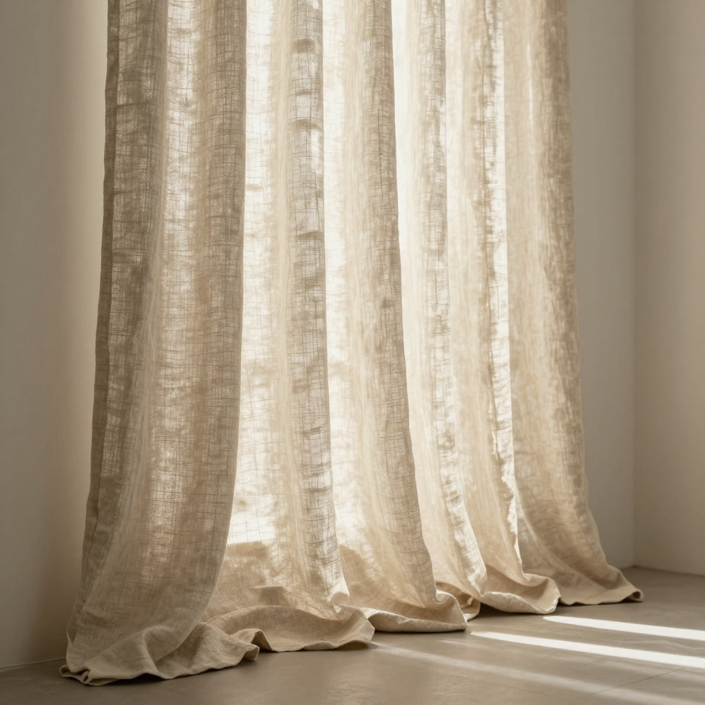 Beige sheer linen curtains draping to the floor, natural sunlight filtering into a minimalist interior