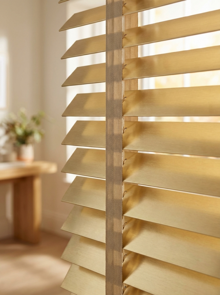 Gold wooden window blinds, sunlit close-up with fabric ladder tape and blurred living room background