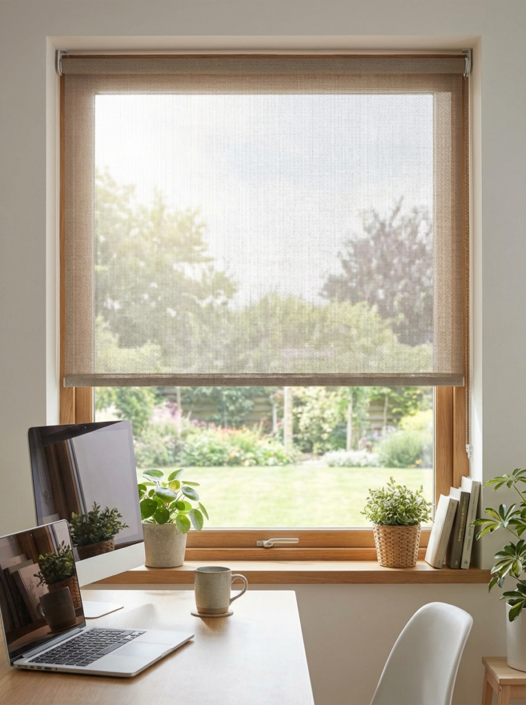 Bright home office workspace with beige roller shade, wooden window, laptop, monitor, plants and garden view