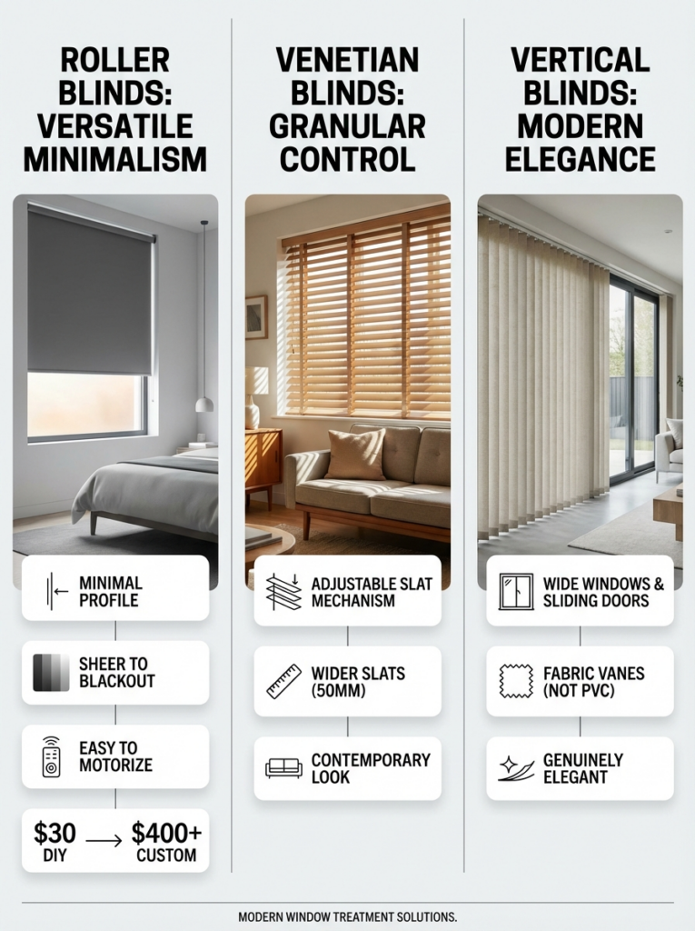 Roller, Venetian, Vertical blinds comparison infographic showing features, photos, and pricing for modern window treatments.