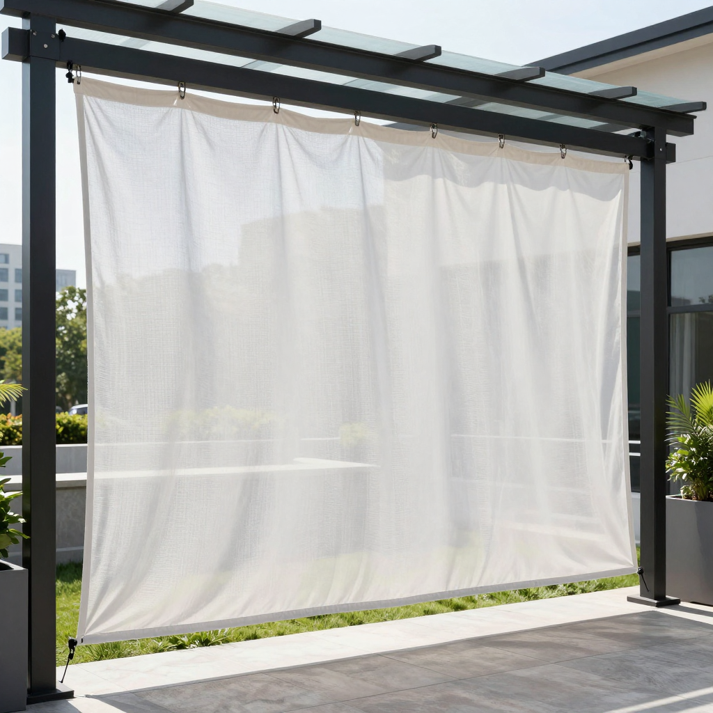 Sheer white patio curtain on modern black pergola, outdoor privacy screen and sunshade for deck