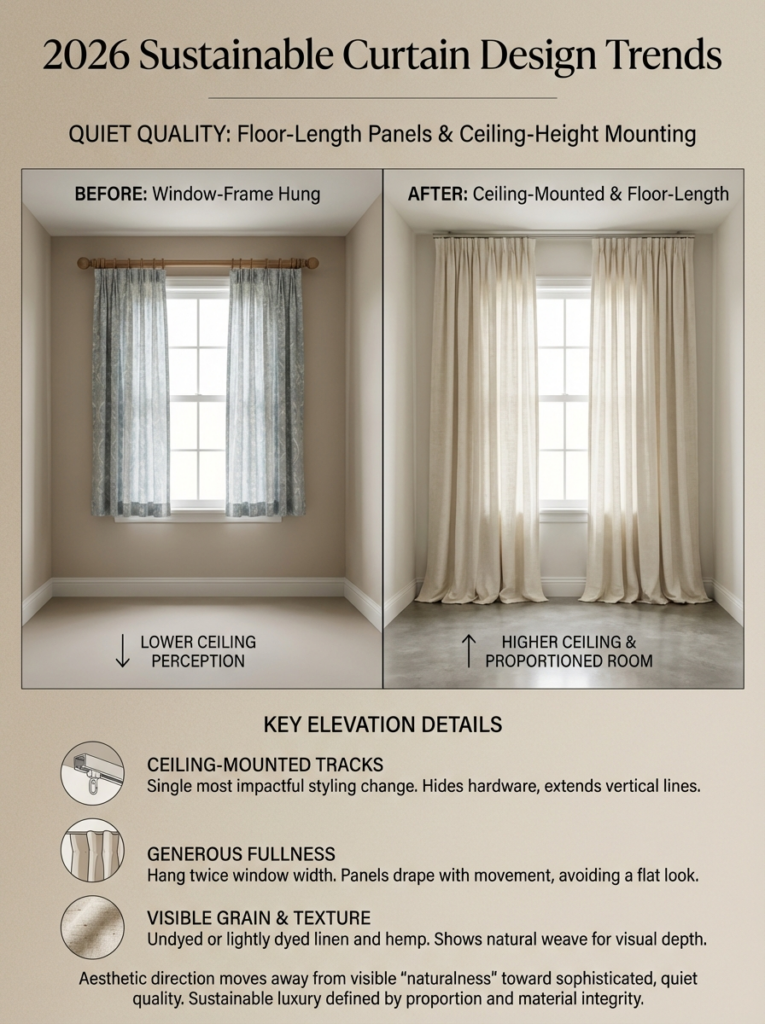 2026 sustainable curtain trends: before (window-frame) vs after (ceiling-mounted, floor-length linen panels)
