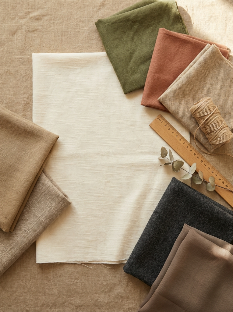 Neutral fabric swatches and samples in earth tones with wooden ruler, twine and eucalyptus on beige linen