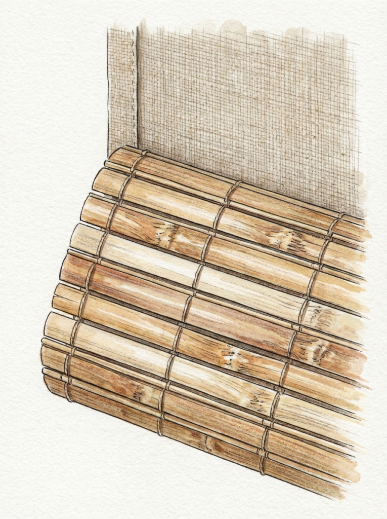 Close-up watercolor illustration of a rolled natural bamboo window blind / roller shade