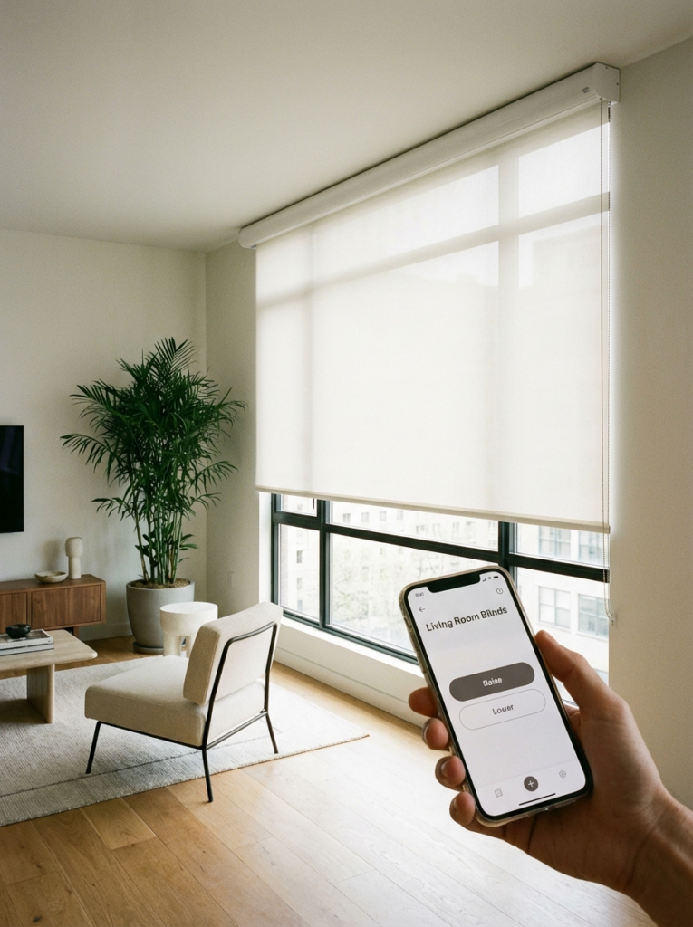 Smartphone app controlling motorized roller blinds (smart blinds) in modern living room with large windows and plant