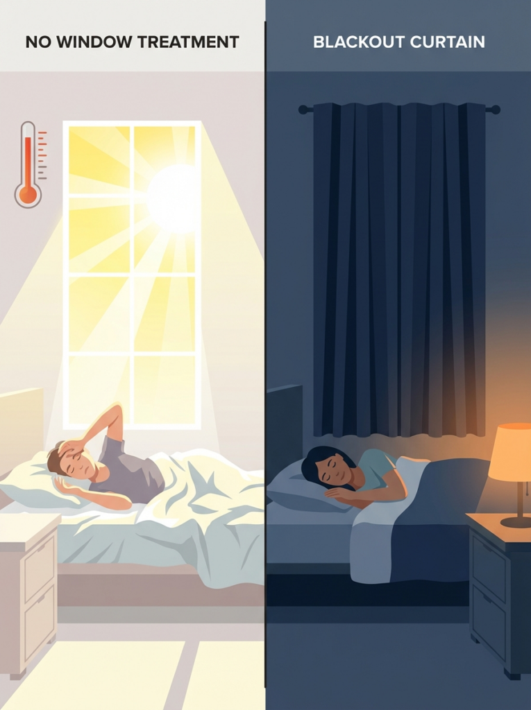 Split image: left bright bedroom with no window treatment; right dark bedroom with blackout curtains for better sleep