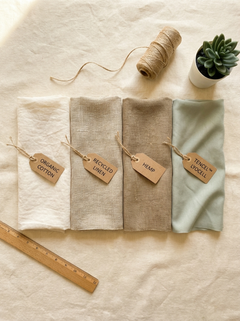 Sustainable fabric swatches: organic cotton, recycled linen, hemp and Tencel Lyocell with ruler, twine and succulent