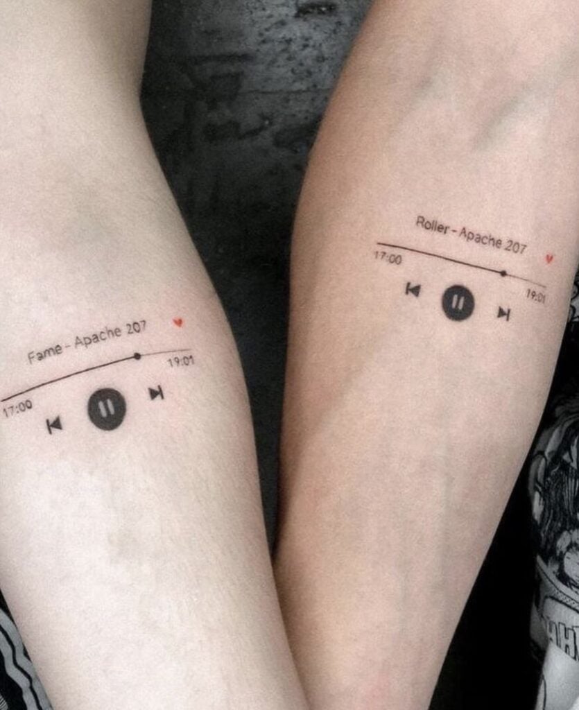 Couple's matching minimalist music player tattoos on forearms showing Apache 207 tracks, progress bars and play buttons