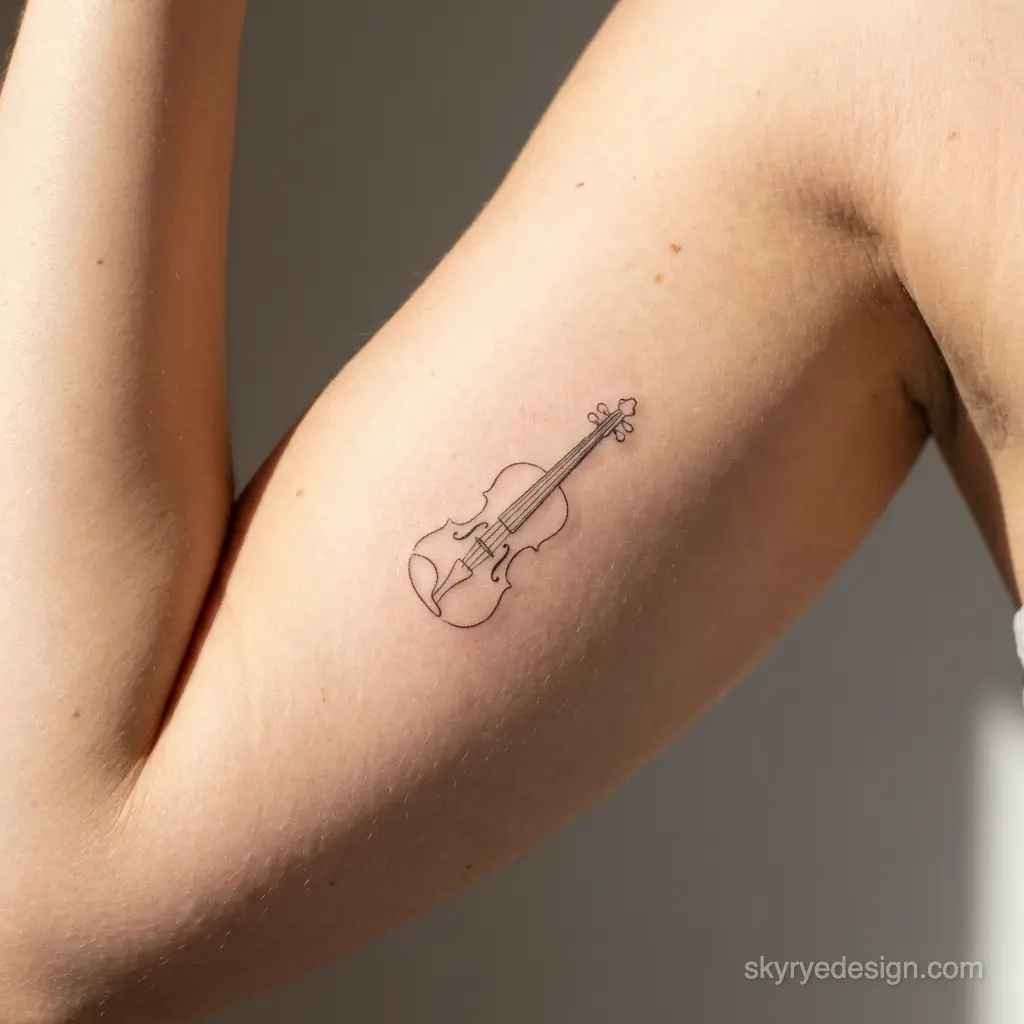 Minimal fine-line violin tattoo on a person's inner bicep, small outlined violin inked on light skin