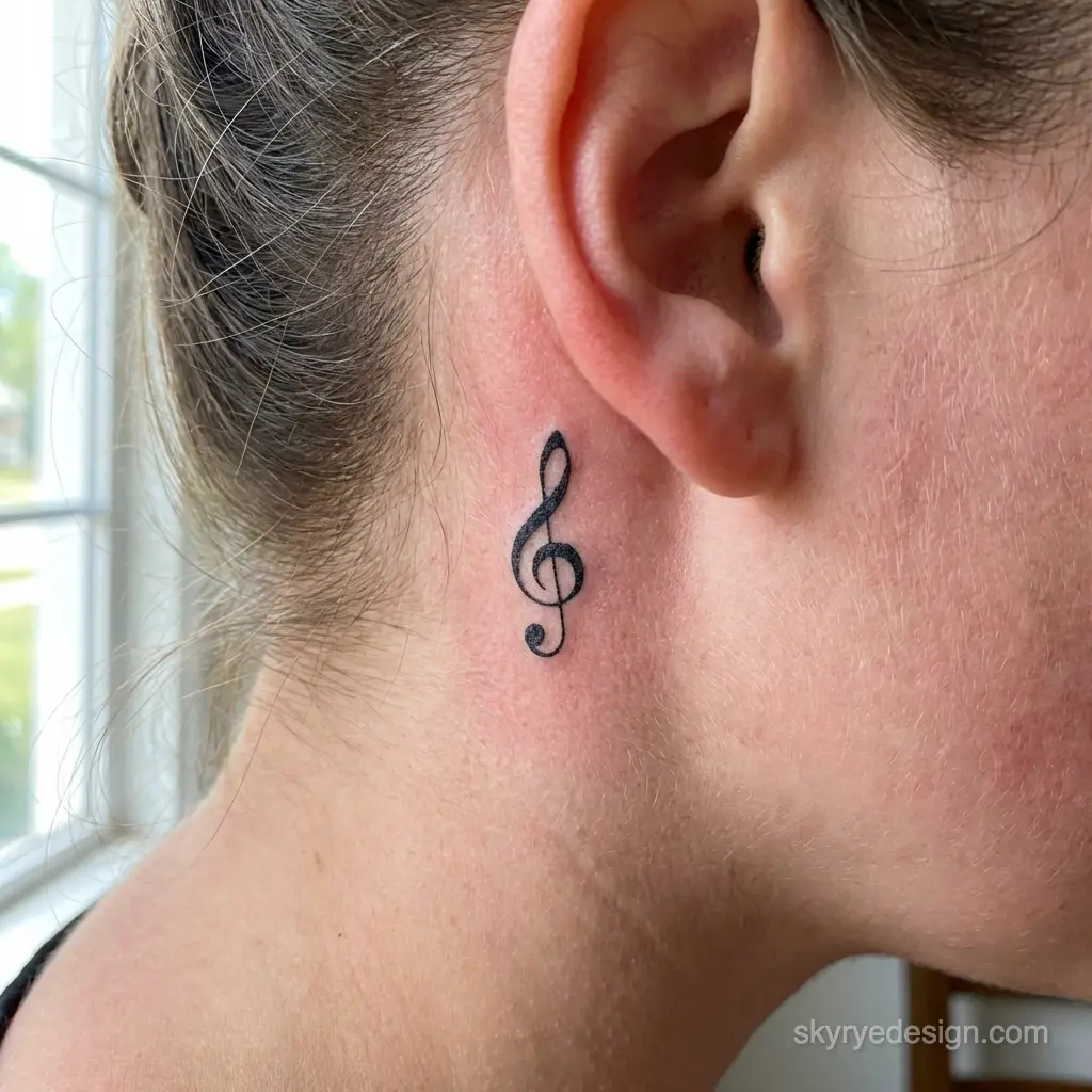 Small black treble clef tattoo behind the ear on the neck, minimalist music symbol close-up
