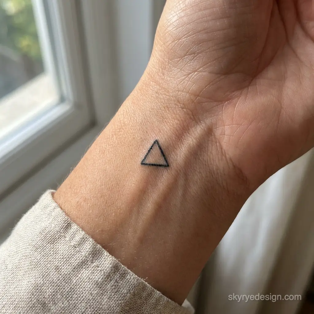 Minimal triangle wrist tattoo, close-up of small black outline geometric tattoo on inner wrist