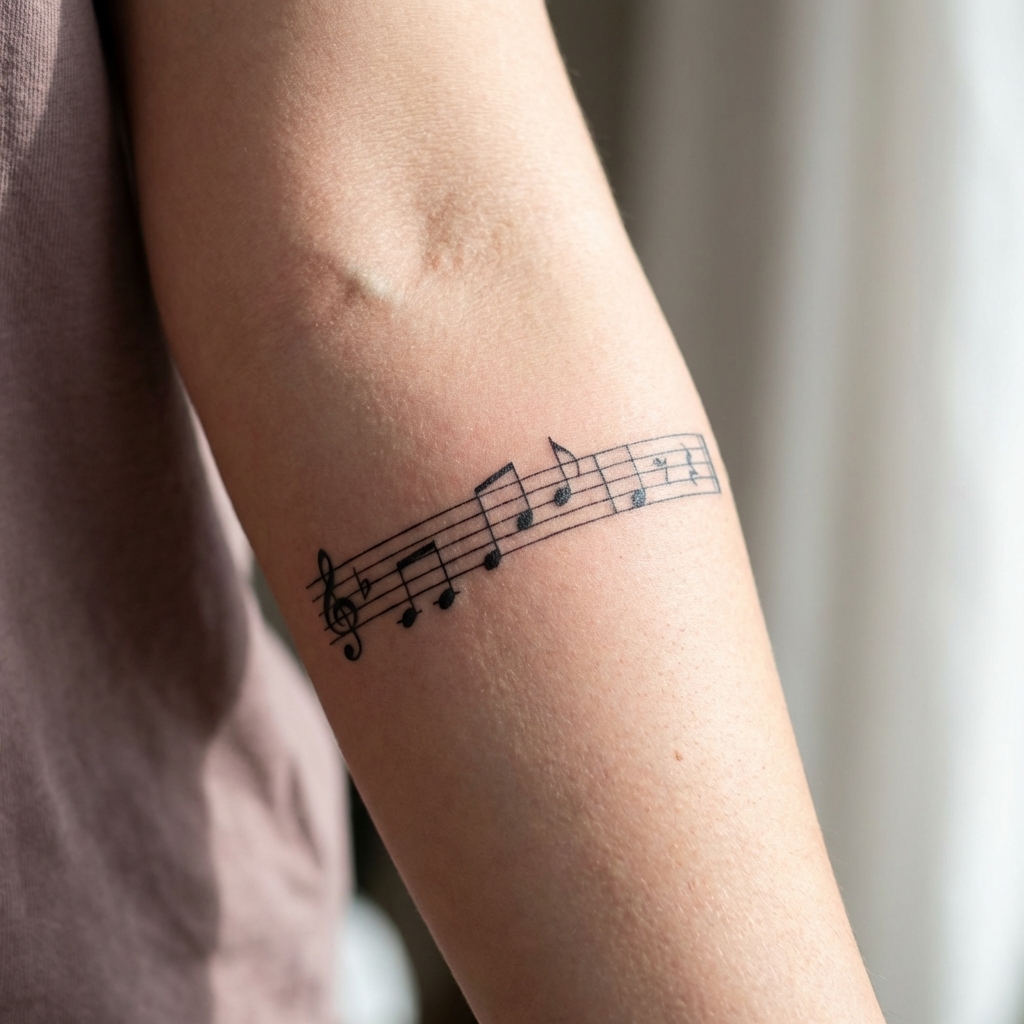 Forearm music tattoo: minimalist black-ink musical staff with notes resembling sheet music