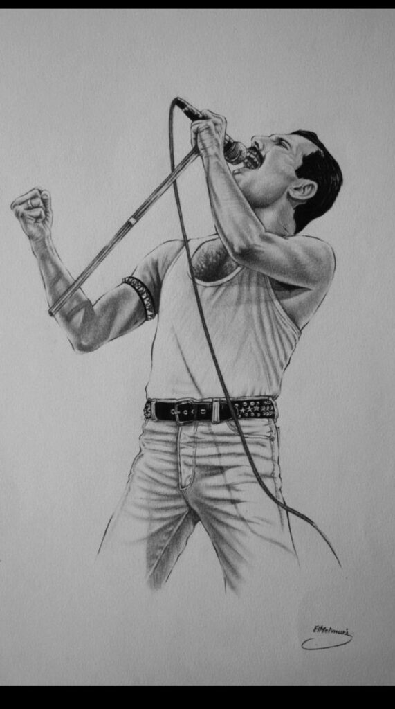 Black-and-white pencil sketch of a male rock singer in tank top gripping a microphone, energetic live performance pose.