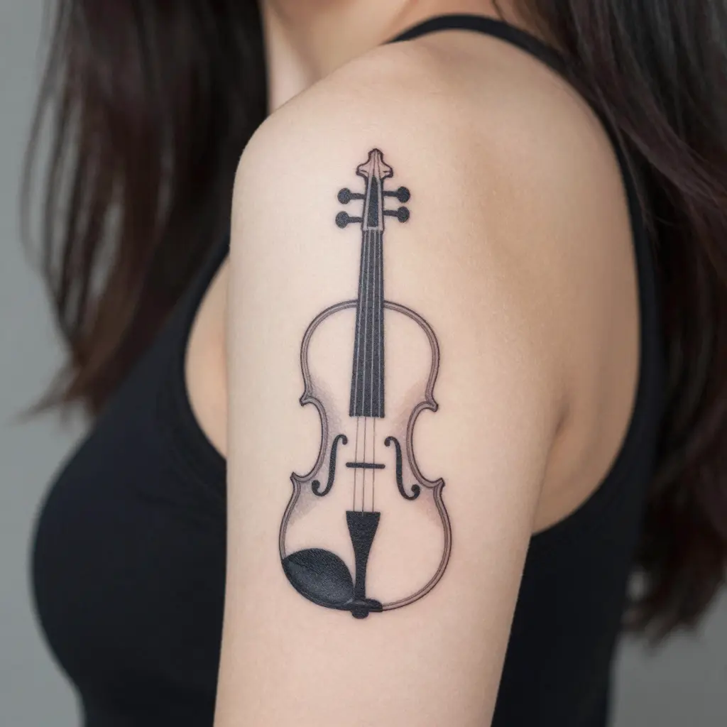 Minimalist black ink violin tattoo on upper arm, close-up of fine linework and solid shading