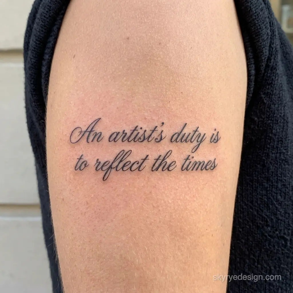 Cursive arm tattoo reading An artist's duty is to reflect the times — inspirational quote