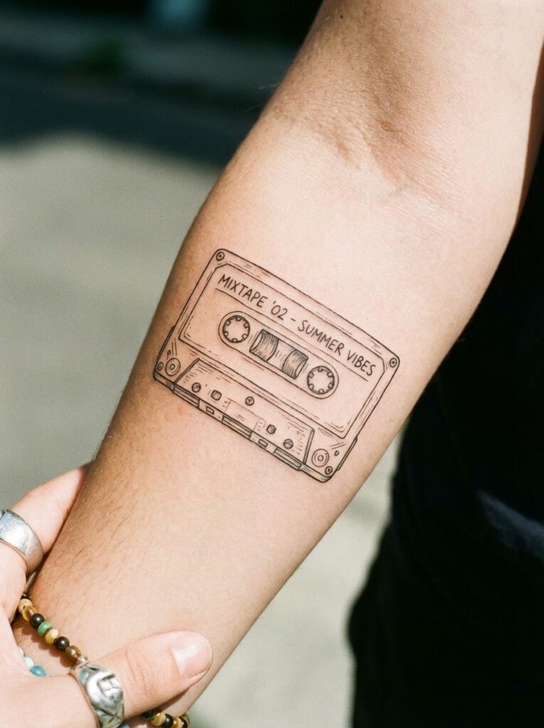 Forearm cassette tape tattoo reading MIXTAPE '02 - SUMMER VIBES, minimal line art, hand with rings and beaded bracelet