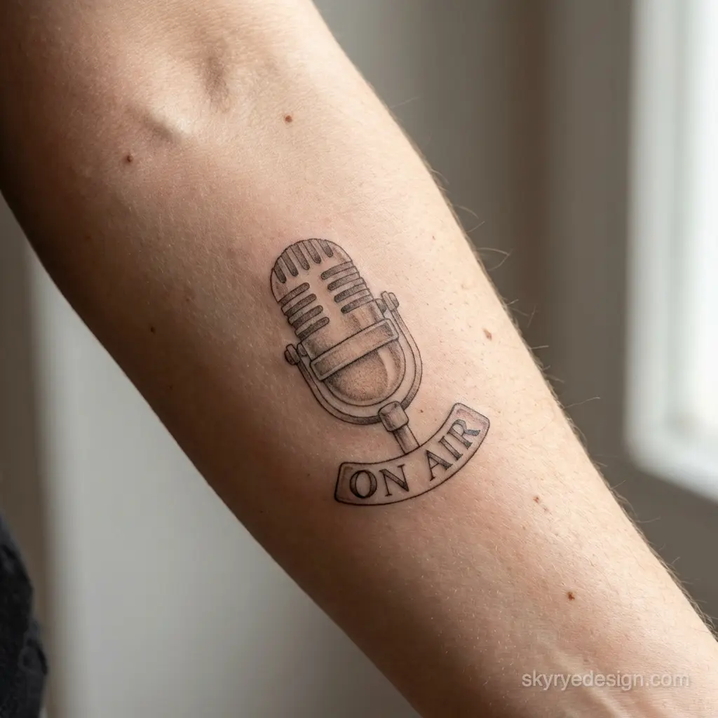 Vintage microphone tattoo with ON AIR banner on inner forearm, black linework, retro podcast/radio theme