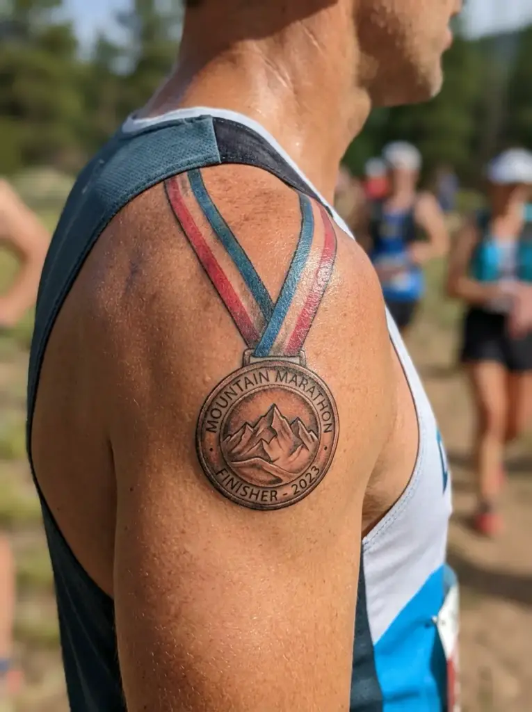 Close-up of runner's shoulder with Mountain Marathon finisher medal tattoo (2023) and red-white-blue ribbon