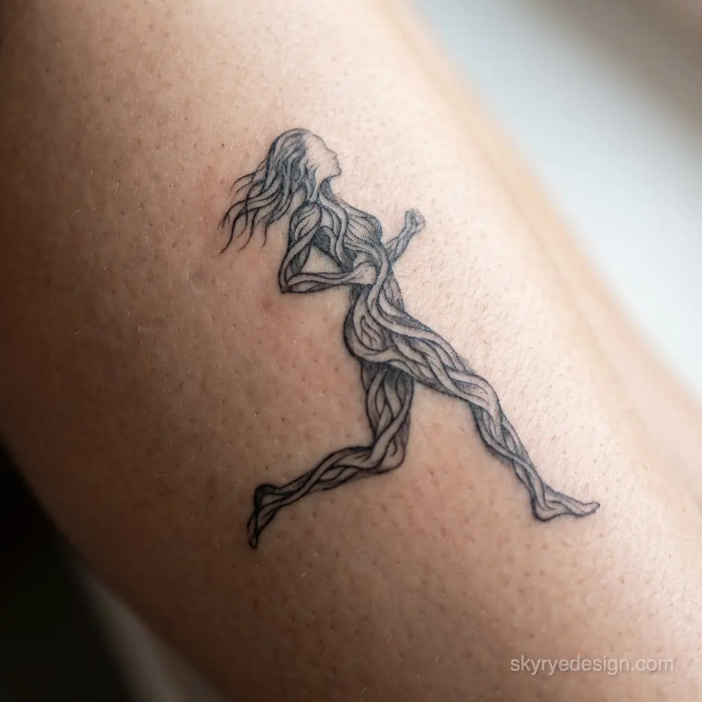 Running woman tattoo: black linework figure of a female made of braided flowing lines on thigh skin