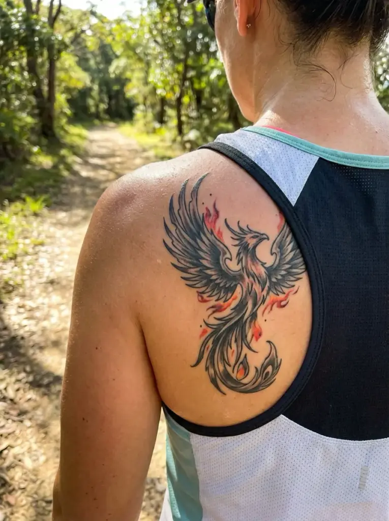 Phoenix shoulder tattoo on woman runner wearing a tank top on a sunlit forest trail