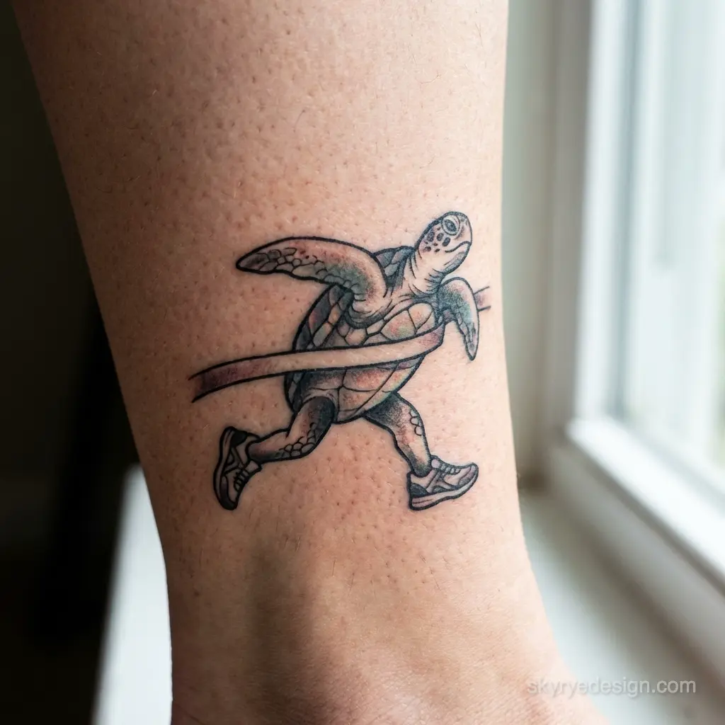 Ankle tattoo of a running sea turtle wearing sneakers crossing a finish-line ribbon, black ink shading