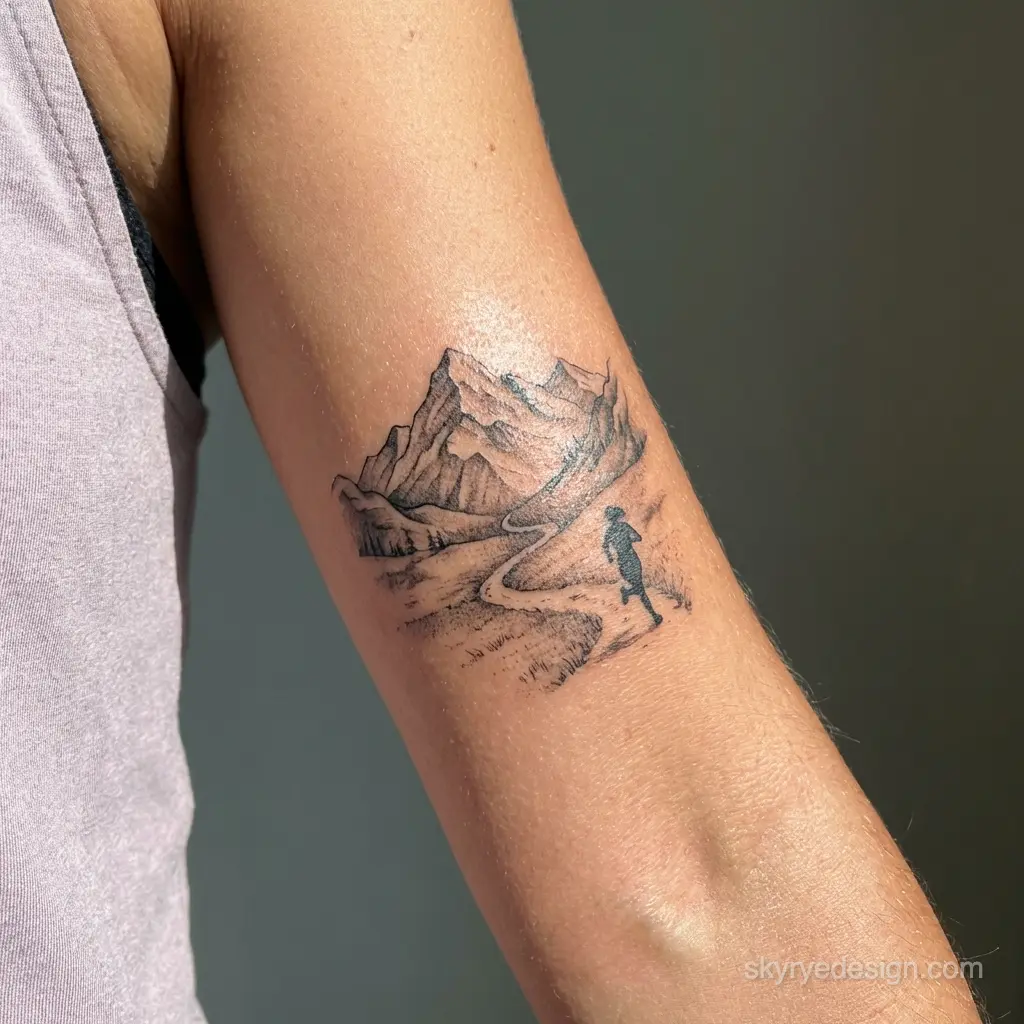 Minimal black-ink forearm tattoo: mountain landscape with winding trail and small runner silhouette