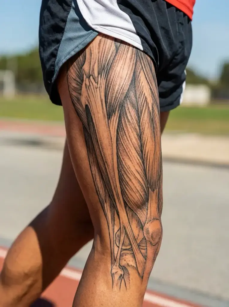 Realistic anatomical thigh tattoo of muscles and bones on athlete's leg wearing running shorts