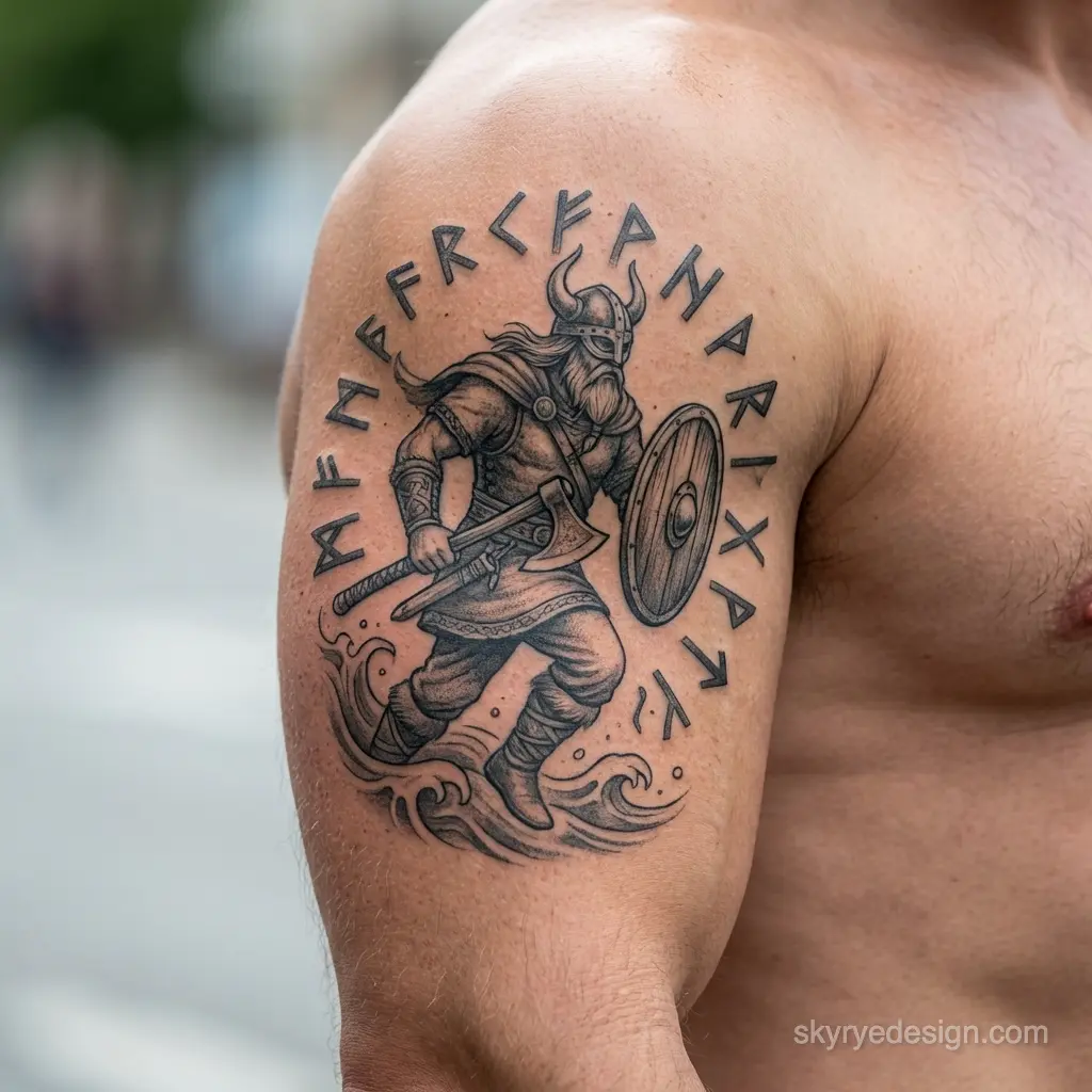 Black ink Viking tattoo design on upper arm - warrior with axe, shield, Nordic runes and stylized waves