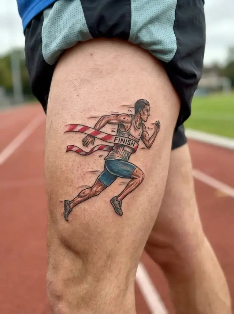 Runner tattoo on thigh breaking finish-line tape on track, colorful athletic running ink design