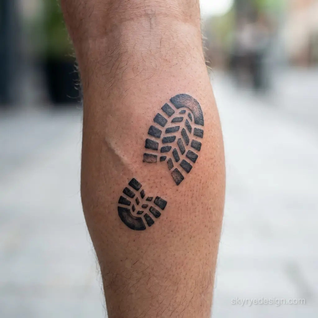 Bootprint tattoo on calf — black shoe-tread design on light skin with blurred urban street background