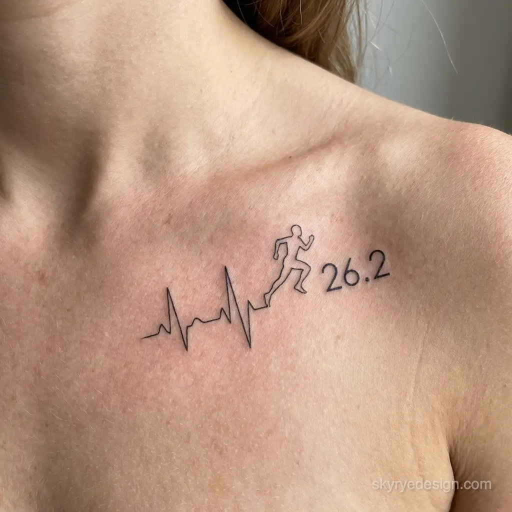 Minimal collarbone tattoo: heartbeat line turning into a running silhouette with 26.2 marathon number