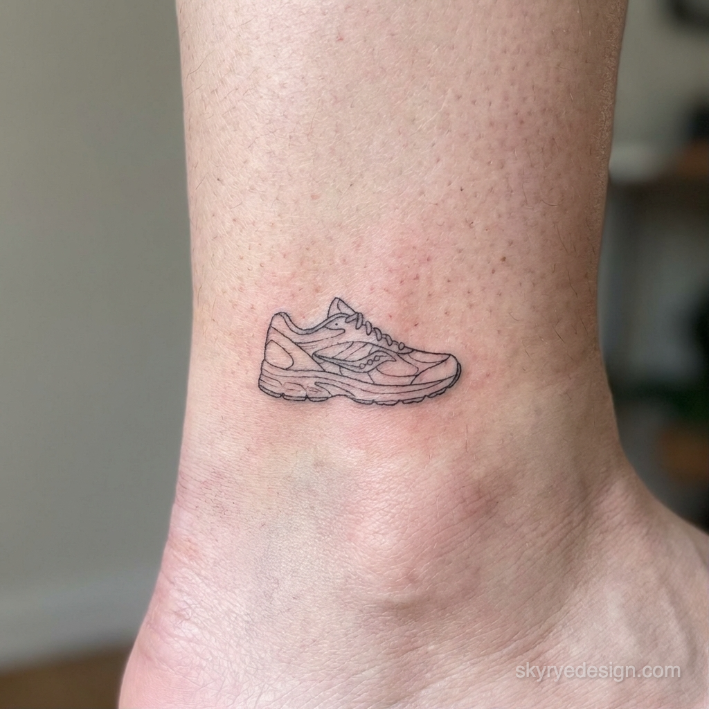 Minimal sneaker tattoo on ankle — black line-art running shoe inked on skin, small minimalist design